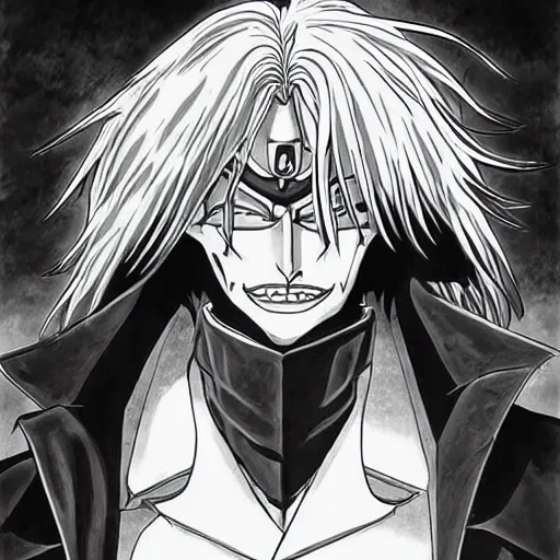 Prompt: Alucard from Hellsing in the art style of Kentaro Miura, portrait, high detail, symmetrical, trending