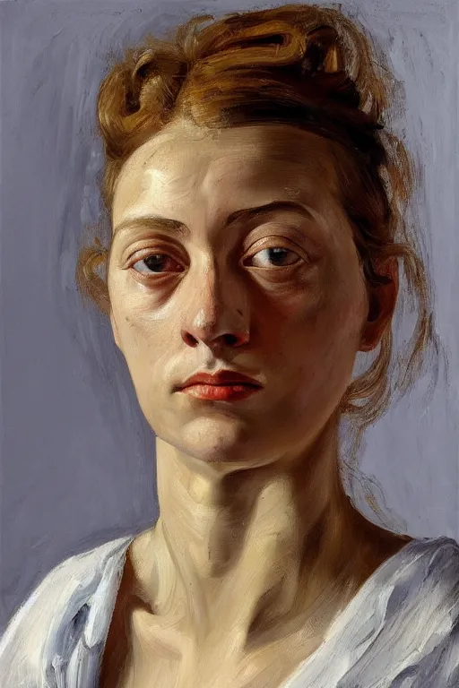 Prompt: high quality high detail oil painting of a young woman by lucian freud, painterly thick brushstrokes, hd, photorealistic lighting