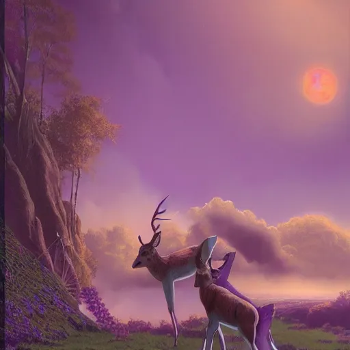 Image similar to a beautiful matte painting of screaming deer and fairy in colorful purple silk by Dean Ellis, award winning, atmospheric, epic and stunning, intricate details, sense of awe, anthropomorphic, featured on artstation