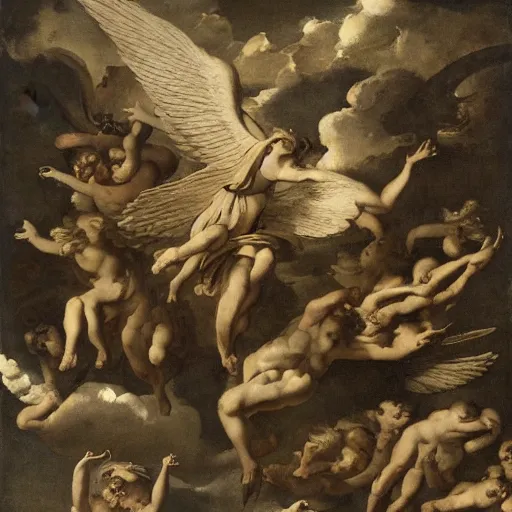 Image similar to melancholic, placid low - key lighting by giovanni battista gaulli. a photograph of a winged creature, flying high above a group of people in a dark, wooded area. the creature's wings are spread wide & its head is turned upwards, looking towards the sky. people below looking up at creature awe & fear.