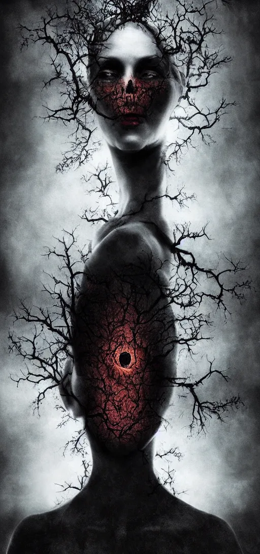 Prompt: dramatic matte portrait painting of woman with black mandelbrot fractal instead of face, horror, body horror, dark art, 4 k, detailed, realistic, psychotic, insane, crazy, mental illness, dramatic,