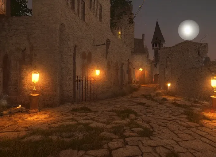 Prompt: medieval vampire village, moon light, gas lighting, stone roads, digital art, unreal engine