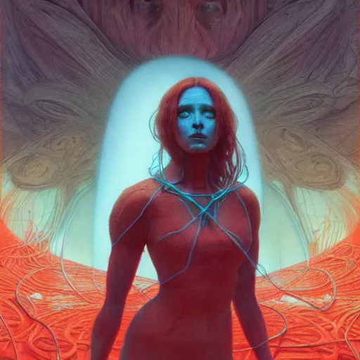 Image similar to Portrait Masterpiece, Wanda Maximoff, furious, red and cyan, glowing, wires everywhere, by Edgar Maxence and Ross Tran, Zdzisław Beksiński, and Michael Whelan, distant, gustav dore, H.R. Giger, 8k, octane render