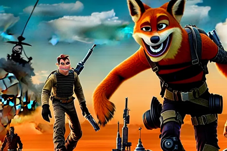 Image similar to nick wilde, heavily armed and armored facing down armageddon in a dark and gritty reboot from the makers of mad max : fury road