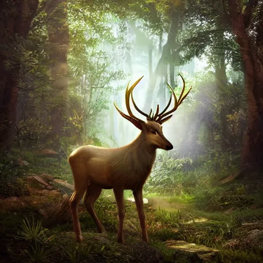 Image similar to hyper realistic beautiful fantasy elven celestial stag, in a magical and beautiful highly detailed forest background. sunlight rays throught the trees. concept digital art 8 k rendering.