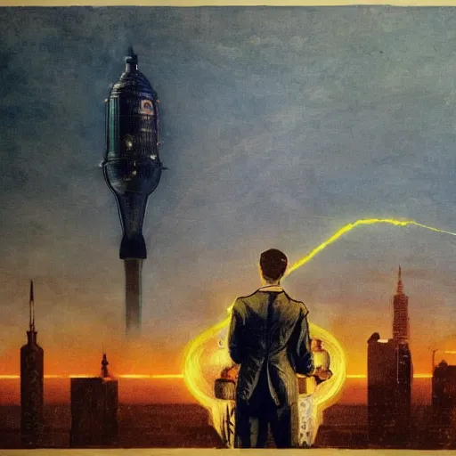 Prompt: bioshock thunder magnate Nikola Tesla atop the skyscraper brandishing a crackling phosphorescent tesla coil acrylic aquatint winslow homer craig j. spearing thomas eakins greg rutkowski alexandre benois giotto maximilian pirner realism unreal engine render