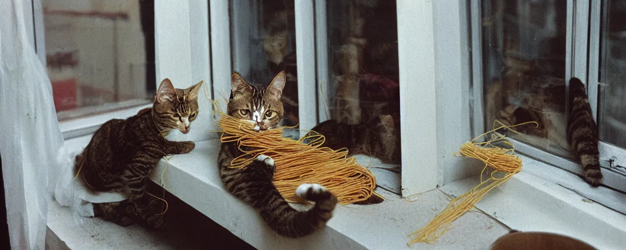 Prompt: only 1 cat playing with spaghetti on a windowsill, city apartment, small details, intricate, sharply focused, canon 5 0 mm, wes anderson film, kodachrome