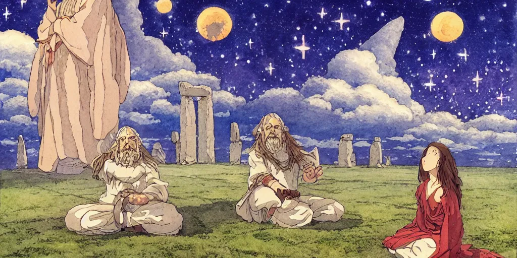 Image similar to a hyperrealist studio ghibli watercolor fantasy concept art of a giant long haired medieval monk in lotus position in stonehenge with a starry sky in the background. a giant ufo from independence day ( 1 9 9 6 ) is floating in the air. by rebecca guay, michael kaluta, charles vess