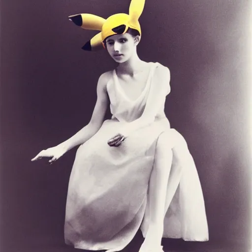 Image similar to elegant woman dressed up as pikachu, art photo by Annie Liebovitz and David Hamilton and Alphonse Mucha