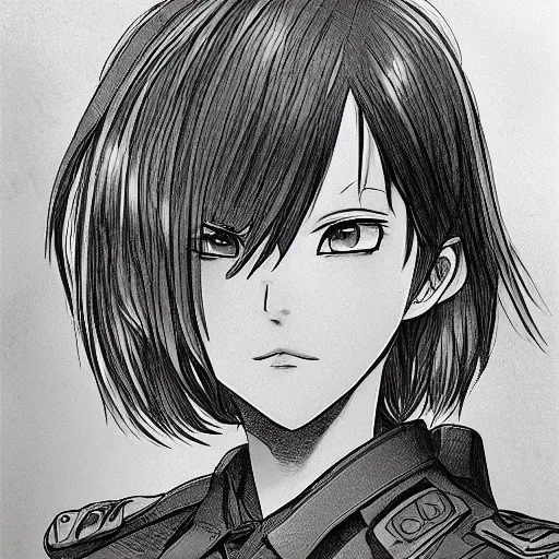 Prompt: manga style, black and white, precise line art, portrait of girl, trench sandbags in background, soldier clothing, military gear, short hair, hair down, symmetrical facial features, realistic face, 4 k, detailed drawing, available on mangadex, by kohei horikoshi