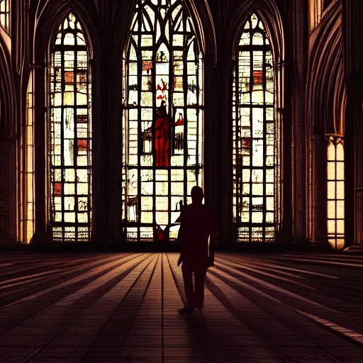 Prompt: angled shot of a rusted android walking across a dimly lit gothic cathedral with red stained glass windows, cinematic, concept art, detailed, dark