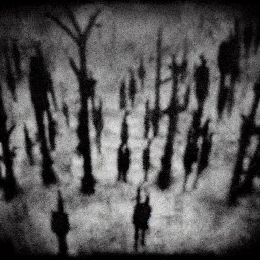 Image similar to dark abstract noisy blurry black and white disturbing old photograph full of mysterious black silhouettes, tim burton