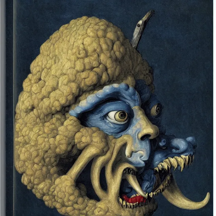 Image similar to close up portrait of a mutant monster creature with giant ear in the middle of the face, lapis - lazuli fangs growing sideways in a spiral shape. by jan van eyck, audubon