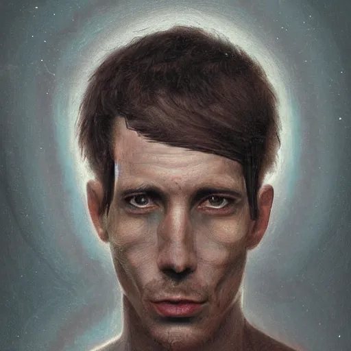 Image similar to surreal portrait of a man by Greg Rutkowski, symmetrical face, he is about 30 years old, short black hair with bangs, his features are a mix between French, Turkish and Russian, transformed into a kind of biomechanical transhuman god, blue glowing eyes, expression of epiphany and determination, cosmic void background, frightening, fascinating, highly detailed portrait, digital painting, book cover, artstation, concept art, smooth, sharp foccus ilustration, Artstation HQ