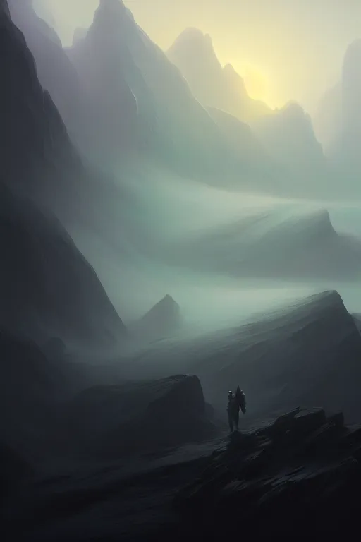 Prompt: rectangular black monolith standing on moon, fog, mountains in distance, extremely detailed digital painting, in the style of fenghua zhong and ruan jia and jeremy lipking and peter mohrbacher, mystical colors, rim light, beautiful lighting, 8 k, stunning scene, raytracing, octane, trending on artstation