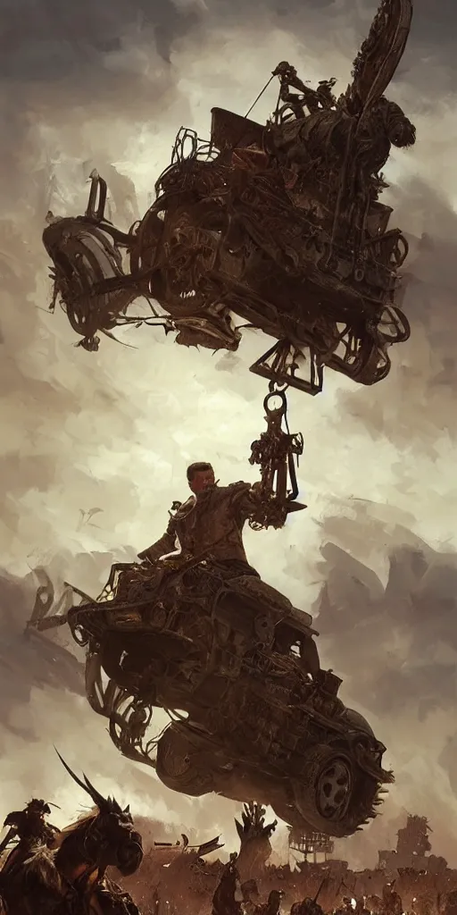 Image similar to Mad Max reimagined in the baroque era, catapult, horses, orchestral band on a wagon, hearthstone art style, epic fantasy style art by Craig Mullins, fantasy epic digital art, epic fantasy card game art by Greg Rutkowski