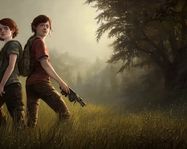 Image similar to highly detailed portrait of sophia lillis and jessie buckley, in the last of us, stephen bliss, unreal engine, fantasy art by greg rutkowski, loish, rhads, ferdinand knab, makoto shinkai and lois van baarle, ilya kuvshinov, rossdraws, tom bagshaw, global illumination, radiant light, detailed and intricate environment