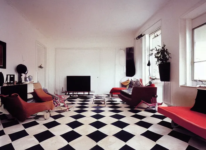 Image similar to 3 5 mm photogaphy of a living room with parquet floor by memphis group