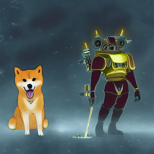 Image similar to anthropomorphic shiba inu on hill, wearing warhammer 4 0 k black exoskeleton power armor without helmet, holding sci - fi laser gatling gun, post apocalyptic foggy graveyard background