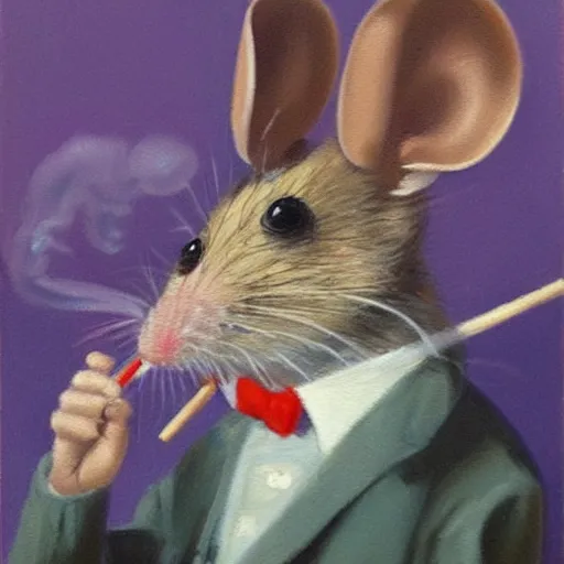 Image similar to a mouse smoking a cigarette, oil painting