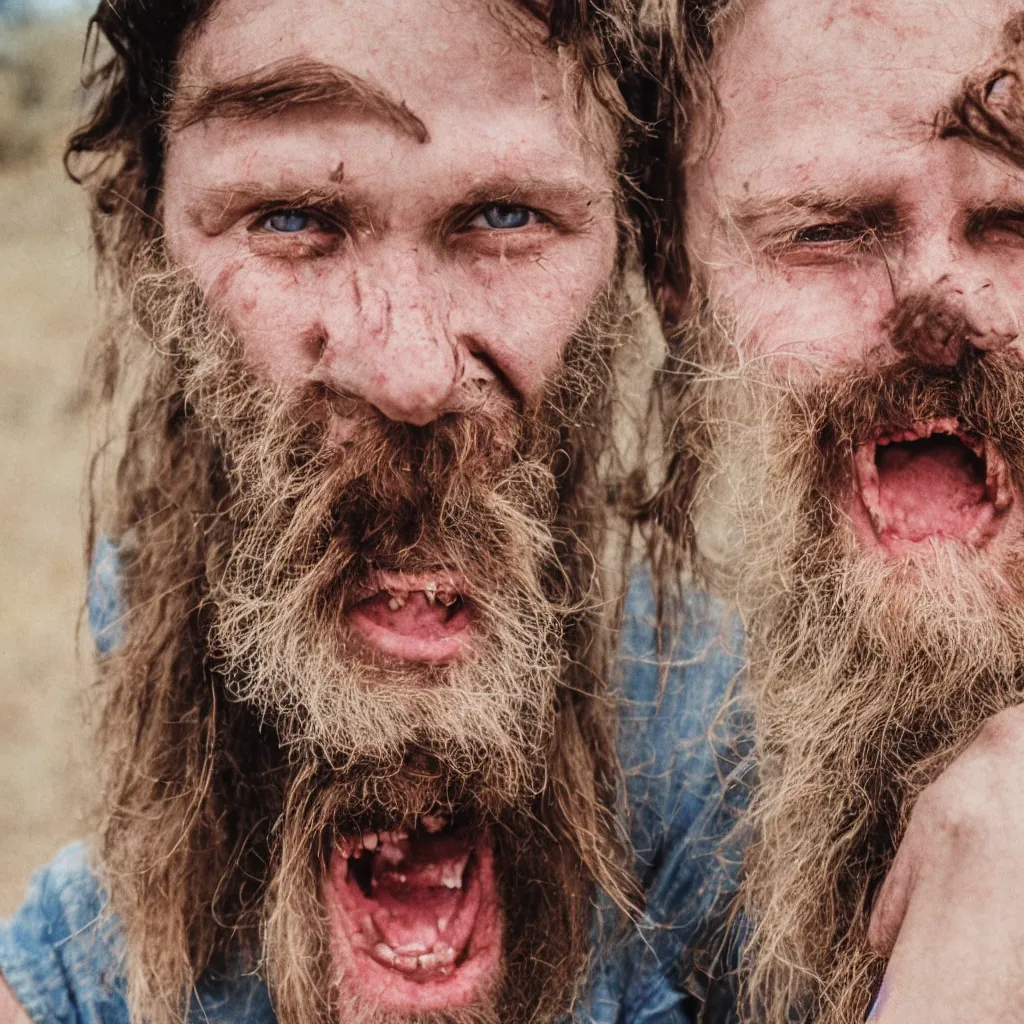 Image similar to extremely skinny malnourished redneck white male with long beard, wearing dirty overalls, dirty greasy face, grin, portrait, close up, kodak gold 2 0 0, 5 0 mm,