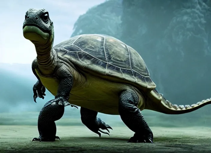 Image similar to film still of real life dinosaur turtle yoshi in the new sci - fi movie, 8 k