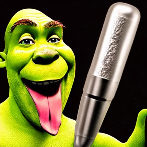 Prompt: shrek shouting into a handheld microphone on stage broadway promotional shot