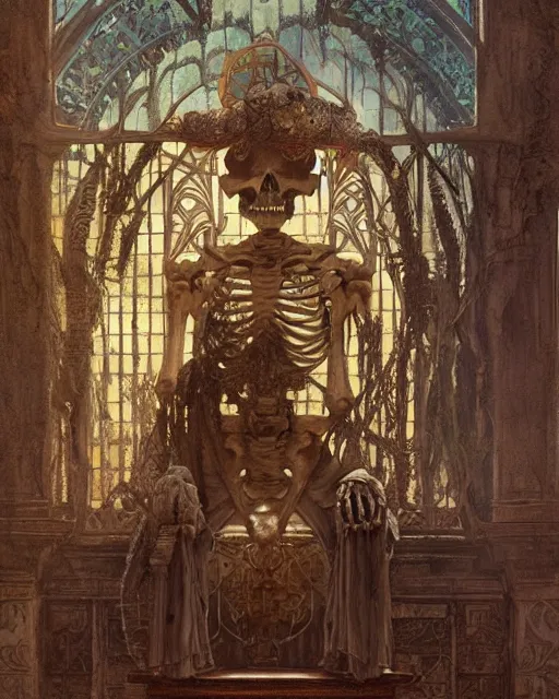 Image similar to ancient skeleton sits on a throne in an old temple with godrays, gorgeous, amazing, intricate, highly detailed, digital painting, artstation, concept art, sharp focus, illustration, art by greg rutkowski and alphonse mucha