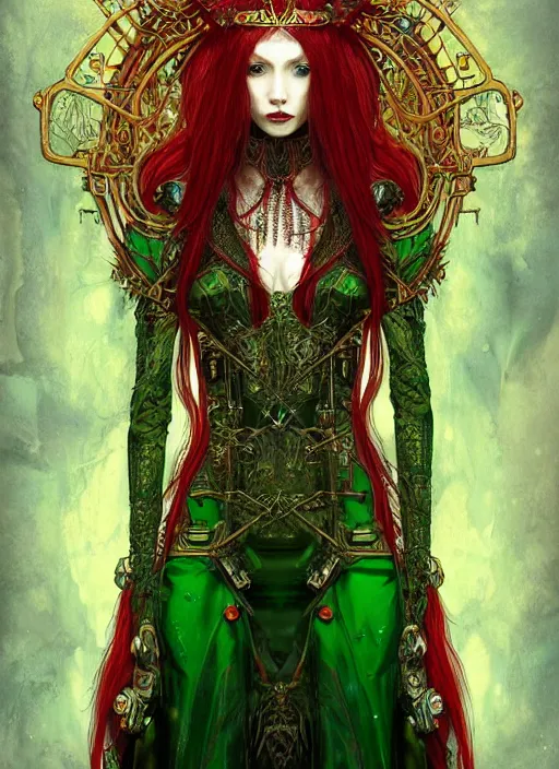 Image similar to a painting of a beautiful cyberpunk elven queen with long red hair, wearing green, red and gold ornate dress, golden intricate crown,. detailed symmetrical full body portrait, intricate complexity, concept art, by takato yamamoto, wlop, krenz cushart. cinematic dramatic atmosphere, sharp focus