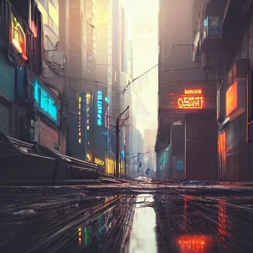 Image similar to cyberpunk narrow street. Tall buildings. Neon signs. Wires, garbage. Cans on the ground. Rain. Reflective ground. High details. Ultra realistic. Futuristic. Artstation trending. Unreal engine.