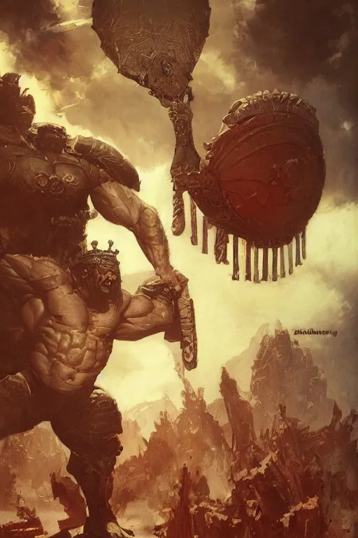 Prompt: giant bodybuilding warrior king on venus by ruan jia, jack kirby, norman rockwell, wayne barlow, sergey krasovskiy, zdzislaw beksinski, artstation creature