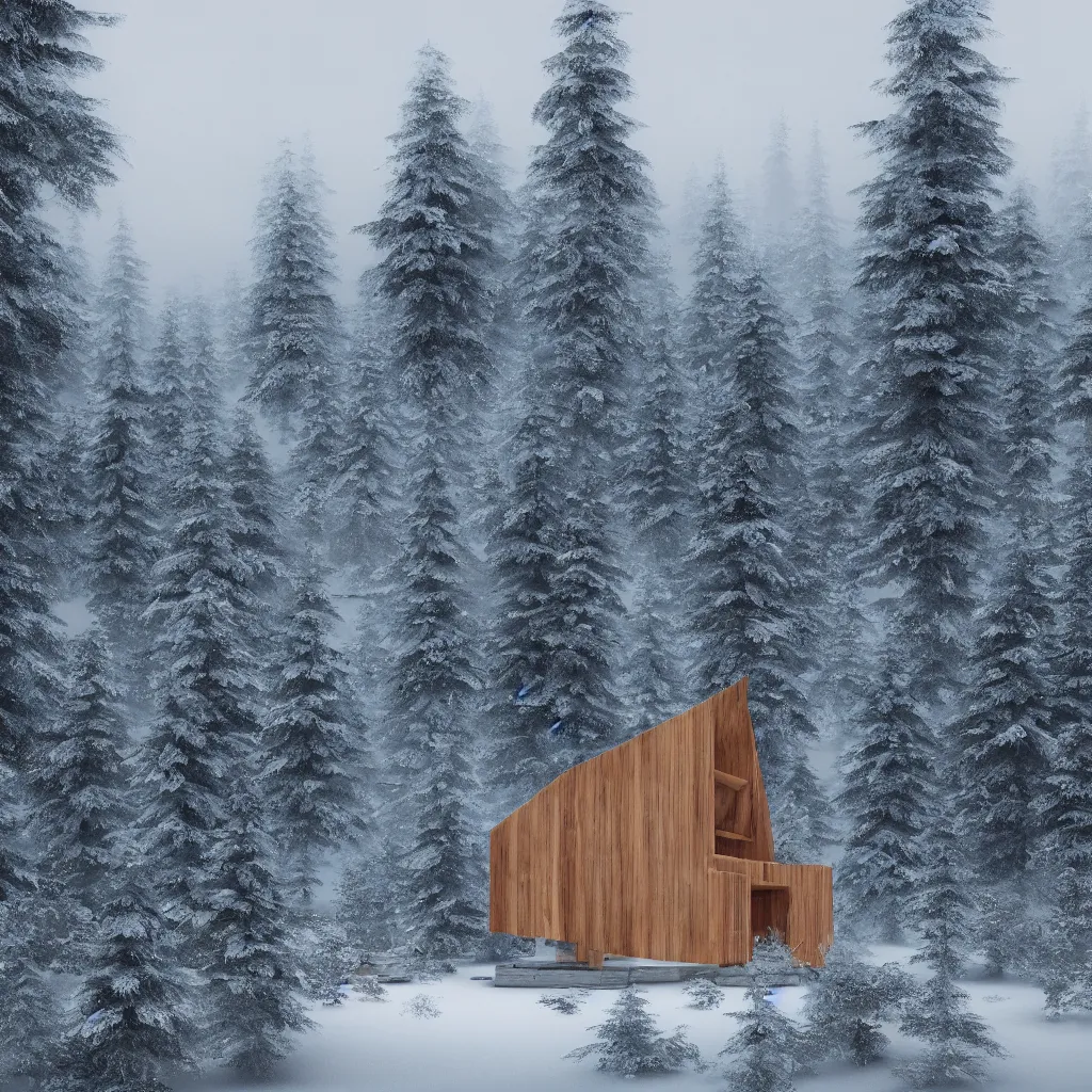 Prompt: wooden cabin in mountain covers by snow, foggy day, hyper realistic, Future design, architecture design, foggy, organic form, foggy, environment, Cinematography, mega scans, sloped site, cinematic, hyper realistic, photo real, cinematic composition, highly detailed, vray, 8k render