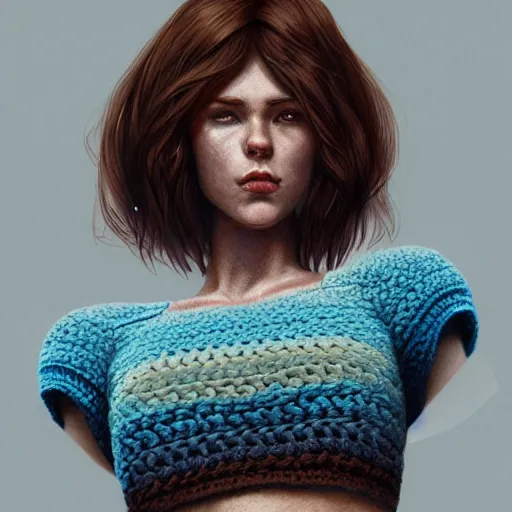 Prompt: A caucasian woman with blue and brown ombre hair wearing a crocheted crop-top, illustrated by Greg Rutkowski, photorealistic portrait, trending on artstation, artstationHQ, artstationHD, dappled lighting,