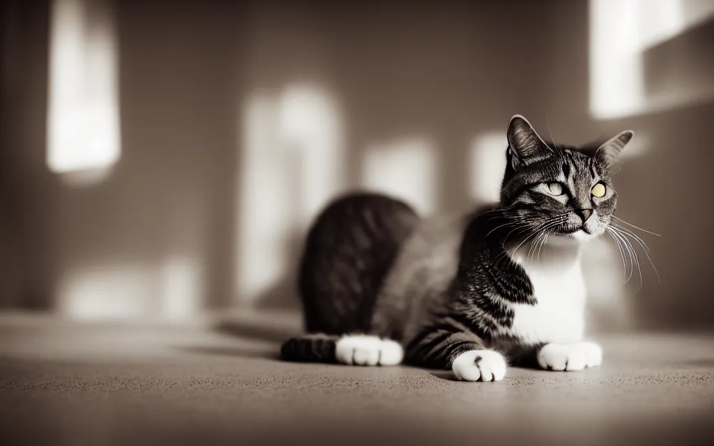 Prompt: a 3 5 mm photo of a cat, sigma 2 4 mm f / 8,, smiling,, sitting, warm lighting, strong shadow, cinematic, realistic,