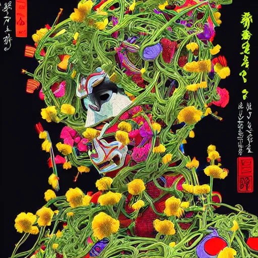 Image similar to colourful vfx art - portrait of army mecha robot wrapped in flowers & vines, art by utagawa kunisada & tadanori yokoo, volumetric light, ray tracing, sharp, detailed, digital painting, illustration, highly detailed, intricate detail, unreal engine, octane render, pinterest, behance, art station,