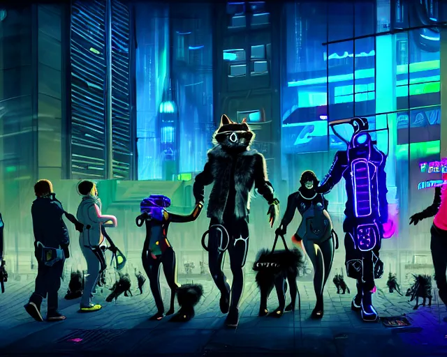 Image similar to high - resolution photograph from a cyberpunk era furry fandom convention ( midwest furfest 2 0 4 7 ), taking place after the genetic revolution and singularity. photorealistic.