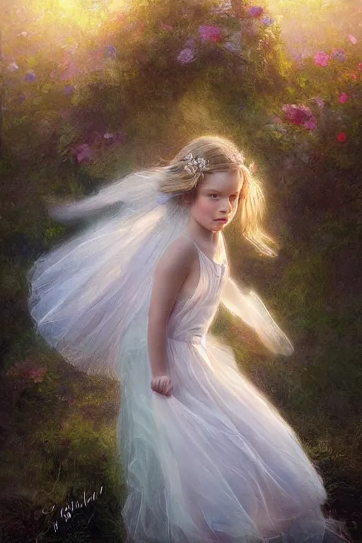 Prompt: very beautiful little girl dancing in the wind, beautiful face, ultradetailed, ethereal, flowers, beautiful wedding dress, gorgeous, volumetric lighting, elegant, digital painting, concept art, illustration, limited color palette, atmosphere and tension, art by greg olsen and liz lemon swindle