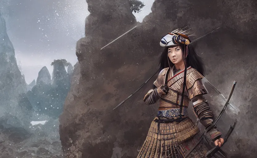 Image similar to highly detailed digital illustration of native japanese woman shinobi warrior standing in wet japanese battlefield from sengoku period, surrounded by dense rock formations, high in mountains, blue night, cinematic lighting, photobash, raytracing, volumetric lighting