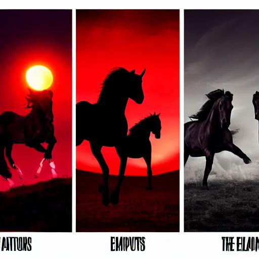 Prompt: four horsemen of the apocalypse, cinematic, red tones, eclipse