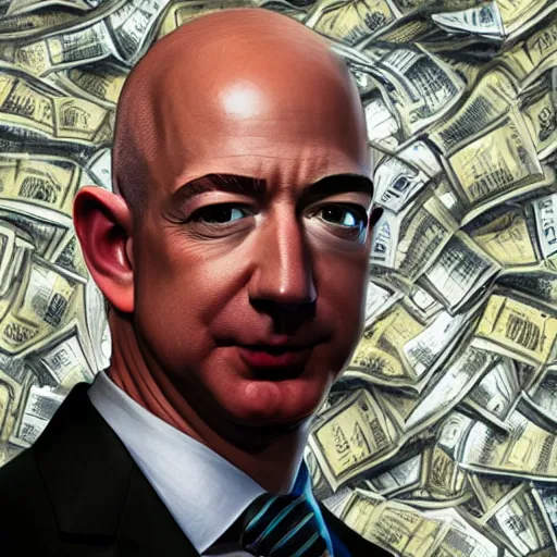 Prompt: jeff bezos swimming in massive pile of cash, 4 k, photography, extremely detailed, digital art, trending on artstation, greg rutkowski, realism