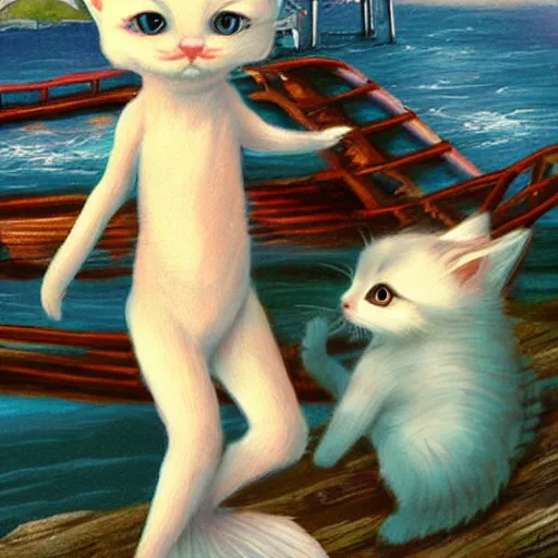 Prompt: a mermaid at the wharf in San Francisco meets a small white kitten, fantasy illustration,