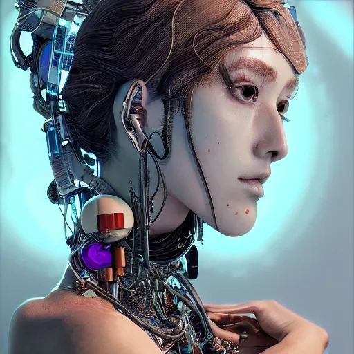 Prompt: the portrait of an absurdly beautiful, graceful, elegant, sophisticated, fashionable cyberpunk gravure idol, an ultrafine hyperdetailed illustration by kim jung gi, irakli nadar, intricate linework, bright colors, porcelain skin, unreal engine 5 highly rendered, artstation, global illumination, radiant light, detailed and intricate environment