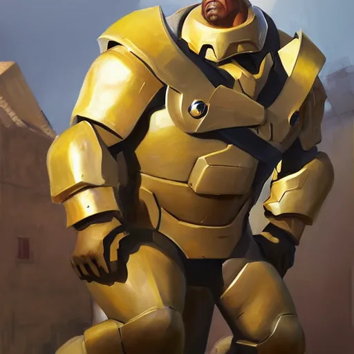 Image similar to greg manchess portrait painting of fully armored the foundation aka dwayne the rock from fortnite as overwatch character, medium shot, asymmetrical, profile picture, organic painting, sunny day, matte painting, bold shapes, hard edges, street art, trending on artstation, by huang guangjian, gil elvgren, ruan jia, greg rutkowski, gaston bussiere