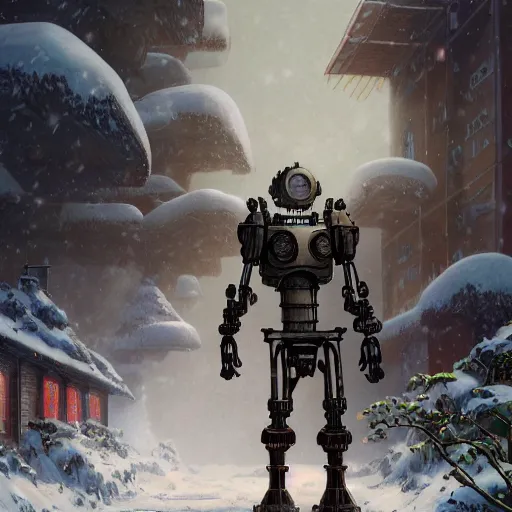 Prompt: the iron giant standing in the snow looking towards a town, full body image, steam punk, sci-fi, extremely detailed digital painting, in the style of Fenghua Zhong and Ruan Jia and Jermy lipking and peter mohrbacher, mystic colors, highly detailed, deep aesthetic, 8k, highly ornate intricate details, cinematic lighting, rich colors, digital artwork, ray tracing, hyperrealistic, photorealistic, cinematic landscape, trending on artstation,