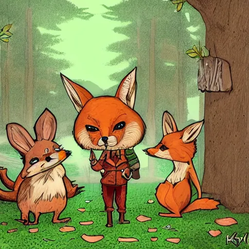 Prompt: 3 woodland critters, resistance, communist, bunny, mouse, fox, political meeting in the woods, antropomorphic, fantasy digital art, art station, green attire, art by kyle ferrin