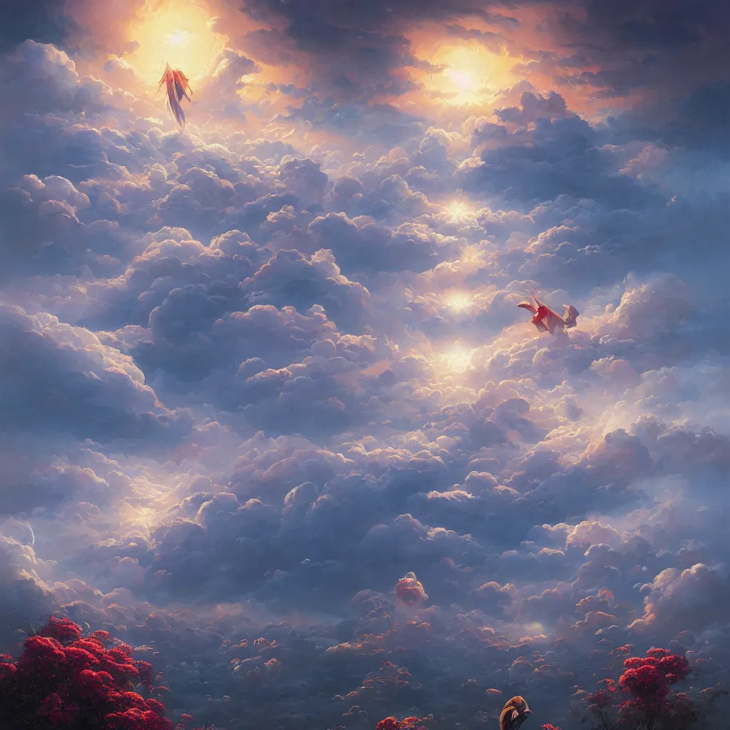 Image similar to a sending down [ of the revelation ] from him who created the earth and the lofty heavens, tornado of flowers, overdetailed art, by greg rutkowski, by rhads, sharp focus