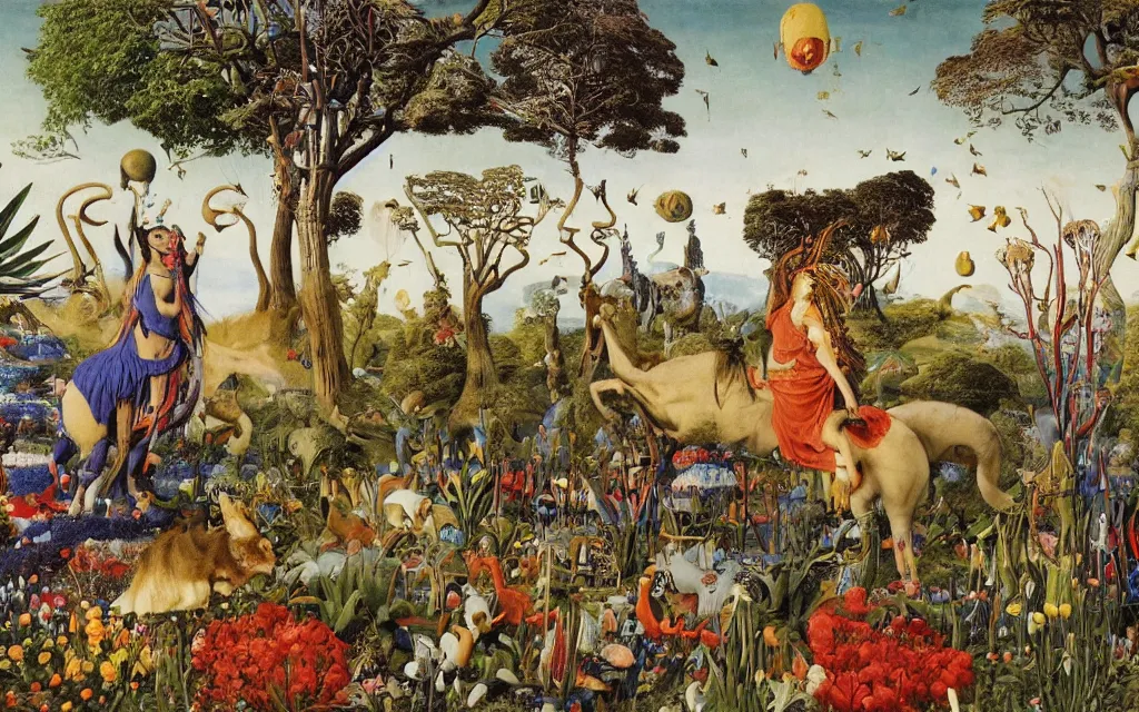 Image similar to photograph of a meditating centaur shaman and a striped catgirl feeding animals. surrounded by bulbous flowers, animals and a few trees. river delta with rock cliffs under a blue sky full of burning stars. painted by jan van eyck, max ernst, ernst haeckel, ernst fuchs and artgerm. trending on artstation, trending on cgsociety