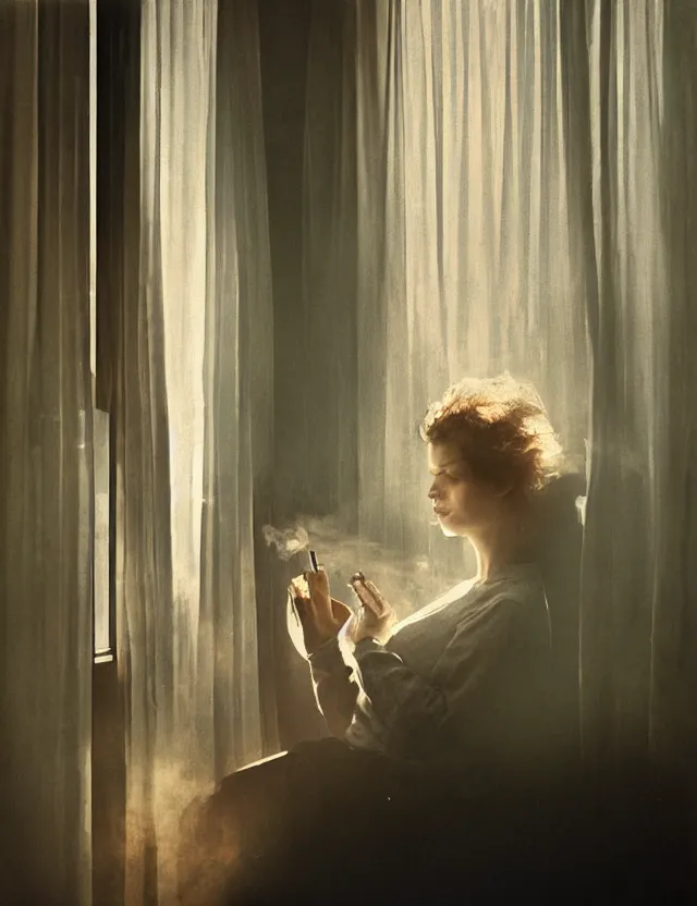 Prompt: woman at home smoking a cigarette and looking in a window, cozy, room plants, low angle view, golden hour, bleach bypass, warm tones, digital 2 d, polaroid, high - key lighting, by lisa yuskavage, by serov valentin, by krenz cushart