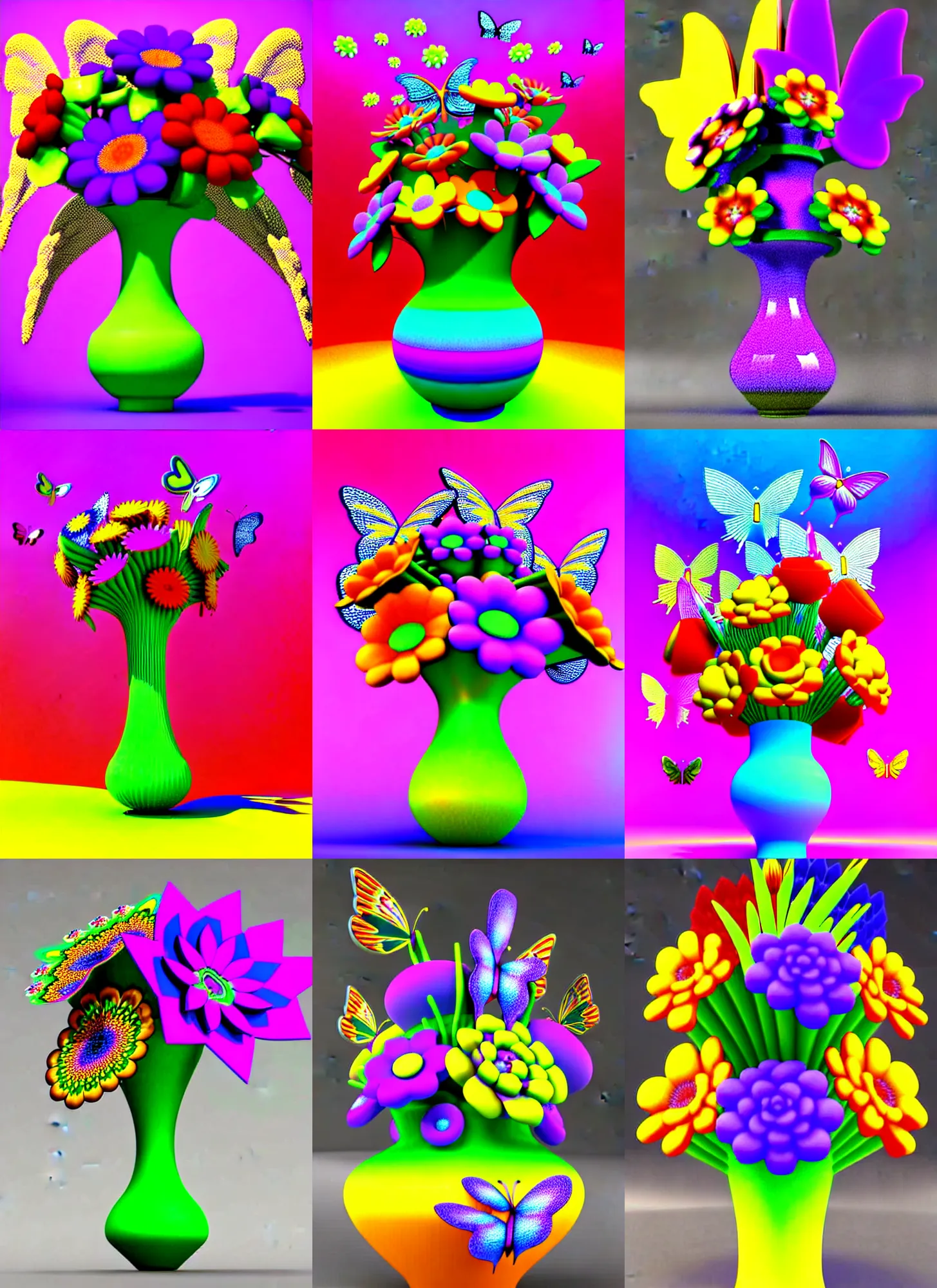 Prompt: 3 d silicon graphics render of flower bouquet in cute vase by ichiro tanida wearing a big cowboy hat and wearing angel wings against a psychedelic acid background with 3 d butterflies and 3 d flowers in the style of early three dimensional computer graphics 3 d rendered y 2 k aesthetic