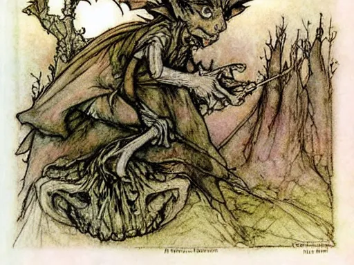 Image similar to goblins by arthur rackham and by Tony DiTerlizzi and by brian froud